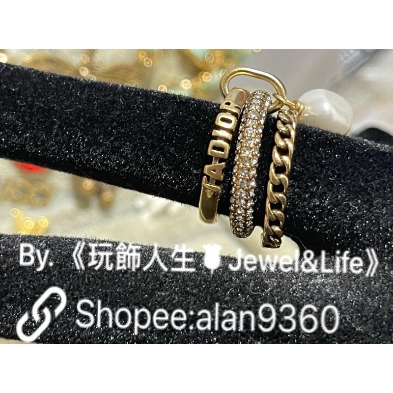 DIOR 超美 水鑽 金屬 復古金 二手 三環 珍珠  造型 戒指-細節圖3
