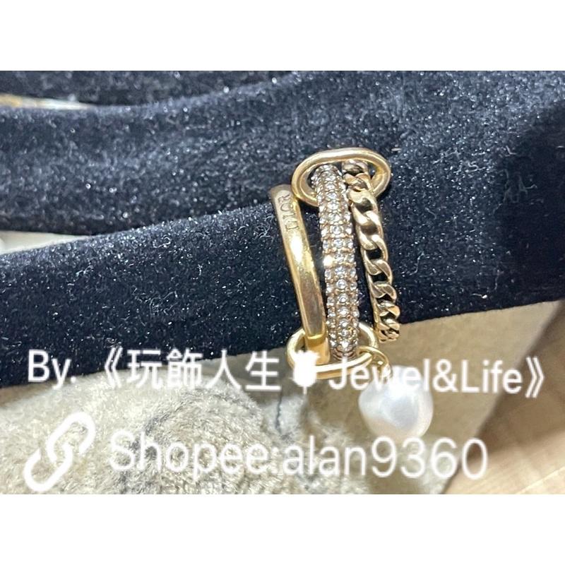 DIOR 超美 水鑽 金屬 復古金 二手 三環 珍珠  造型 戒指-細節圖5