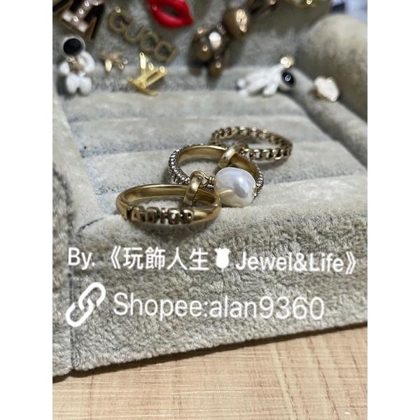 DIOR 超美 水鑽 金屬 復古金 二手 三環 珍珠  造型 戒指-細節圖7