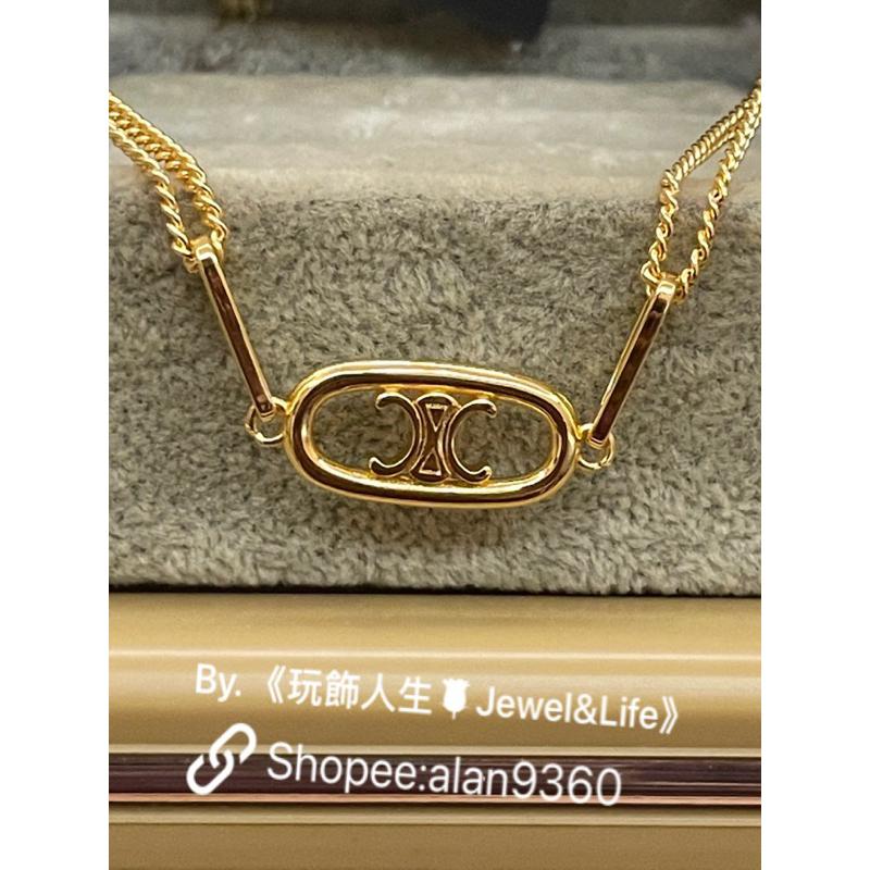 CELINE 經典 雙鍊 橢圓形 二手 凱旋門 LOGO 造型 鎖骨 短項鍊-細節圖3