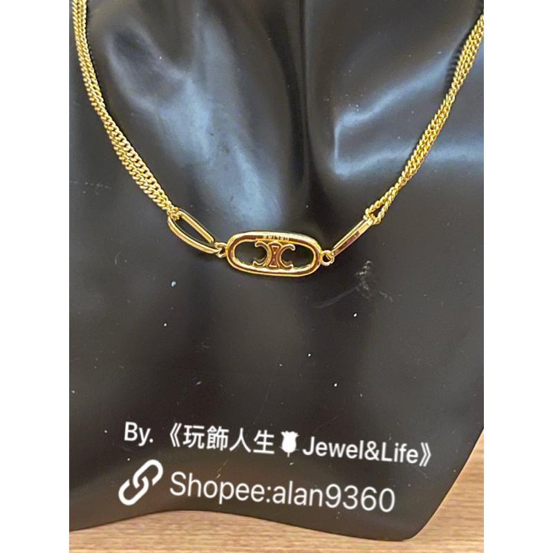 CELINE 經典 雙鍊 橢圓形 二手 凱旋門 LOGO 造型 鎖骨 短項鍊-細節圖8