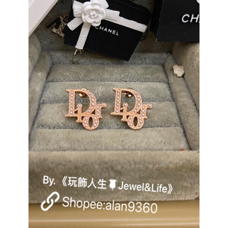 DIOR 超美 經典 基本款 字母 玫瑰金 珍珠 二手 造型 耳環-細節圖2