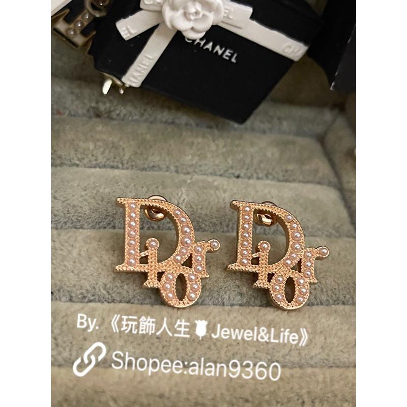 DIOR 超美 經典 基本款 字母 玫瑰金 珍珠 二手 造型 耳環-細節圖3