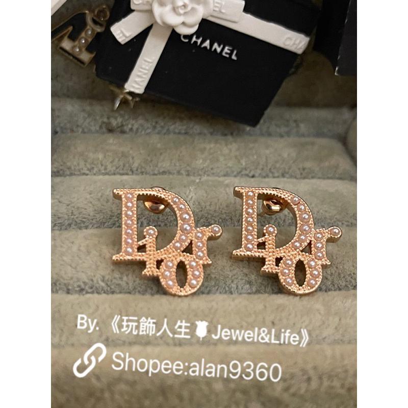 DIOR 超美 經典 基本款 字母 玫瑰金 珍珠 二手 造型 耳環-細節圖5