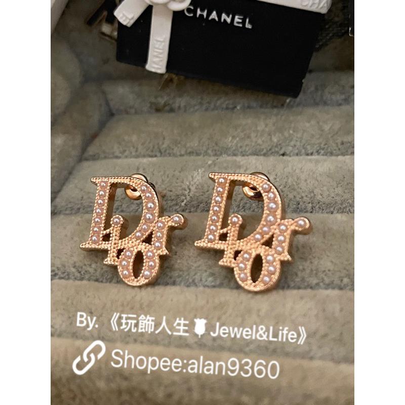 DIOR 超美 經典 基本款 字母 玫瑰金 珍珠 二手 造型 耳環-細節圖6