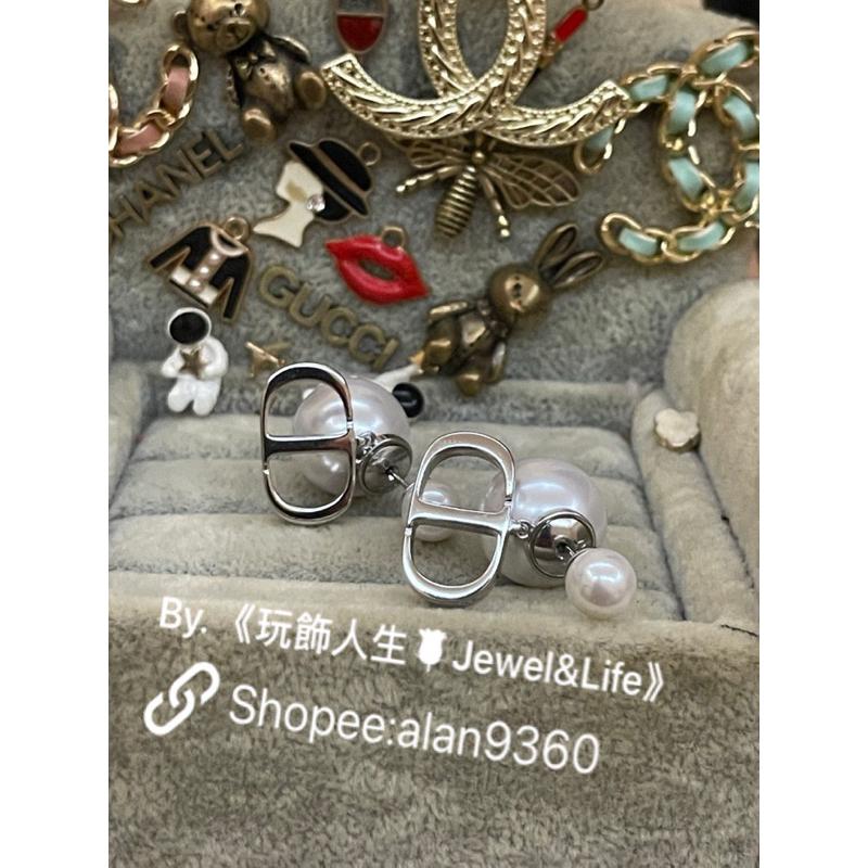 DIOR 超美 基本款 雙珍珠 銀白 CD 二手  亮銀色 造型 耳環-細節圖2