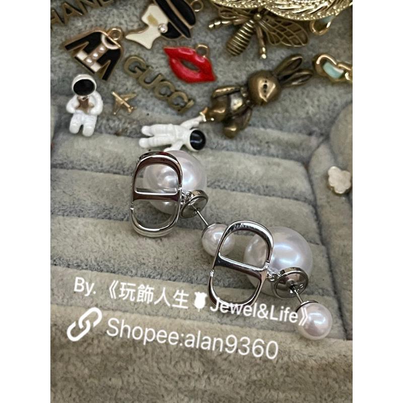 DIOR 超美 基本款 雙珍珠 銀白 CD 二手  亮銀色 造型 耳環-細節圖3