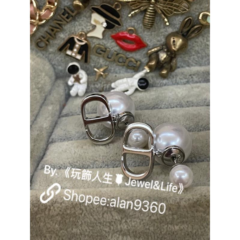 DIOR 超美 基本款 雙珍珠 銀白 CD 二手  亮銀色 造型 耳環-細節圖4