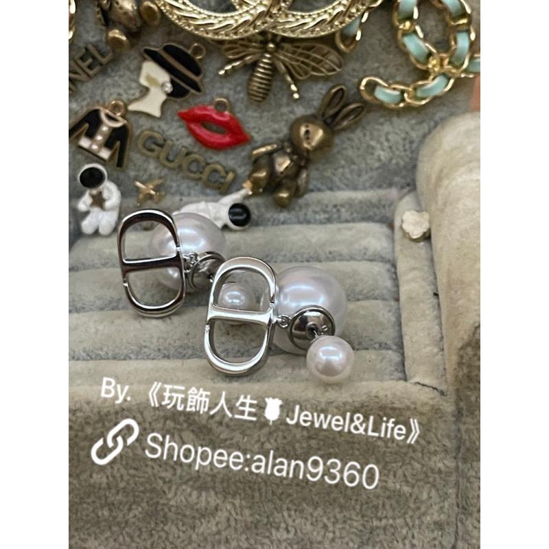DIOR 超美 基本款 雙珍珠 銀白 CD 二手  亮銀色 造型 耳環-細節圖5