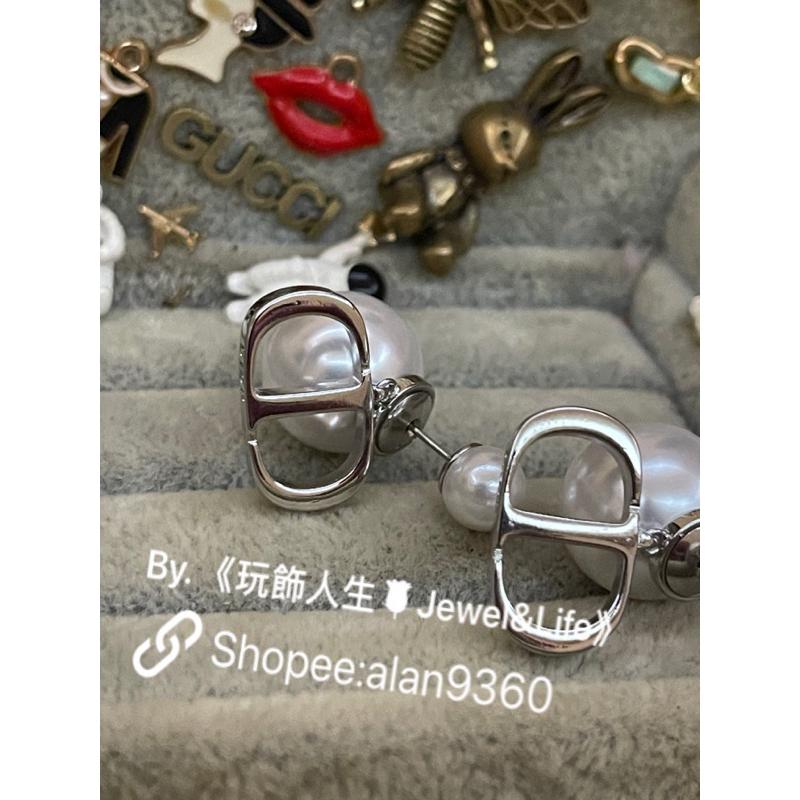 DIOR 超美 基本款 雙珍珠 銀白 CD 二手  亮銀色 造型 耳環-細節圖6