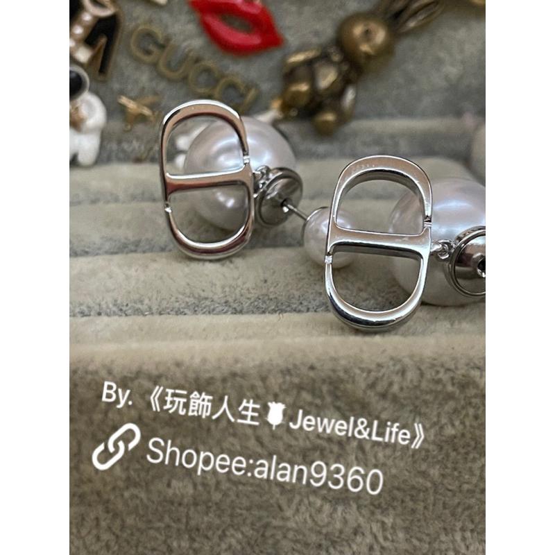 DIOR 超美 基本款 雙珍珠 銀白 CD 二手  亮銀色 造型 耳環-細節圖7