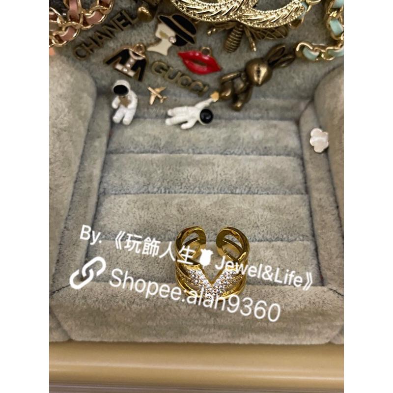 Louis Vuitton LV 經典V字 寬版 鏤空 二手 水鑽 造型 戒指-細節圖4