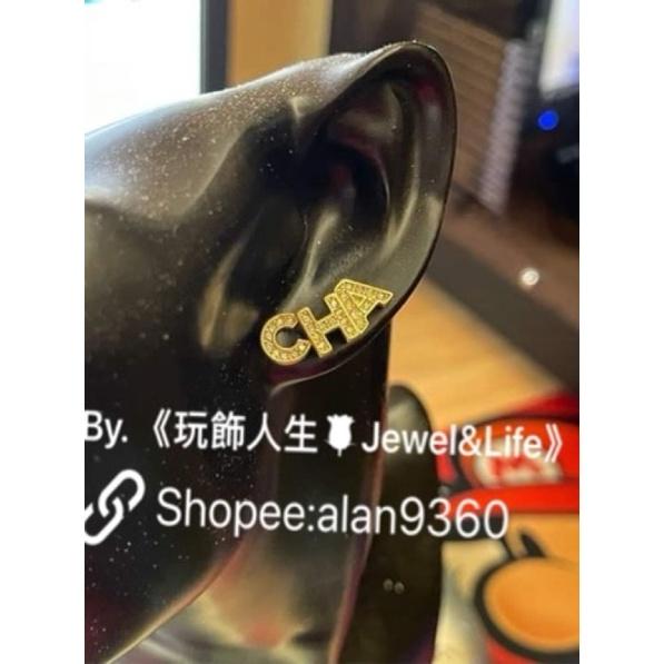 CHANEL 經典 不對稱 字母 淡金色 二手 水鑽 造型  耳環-細節圖2