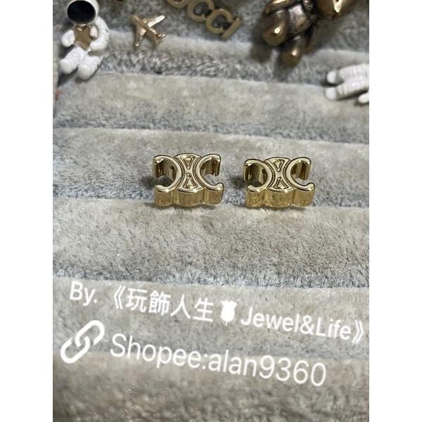 CELINE 超美 經典 小LOGO 素面 百搭 金色  二手 造型 耳環-細節圖3