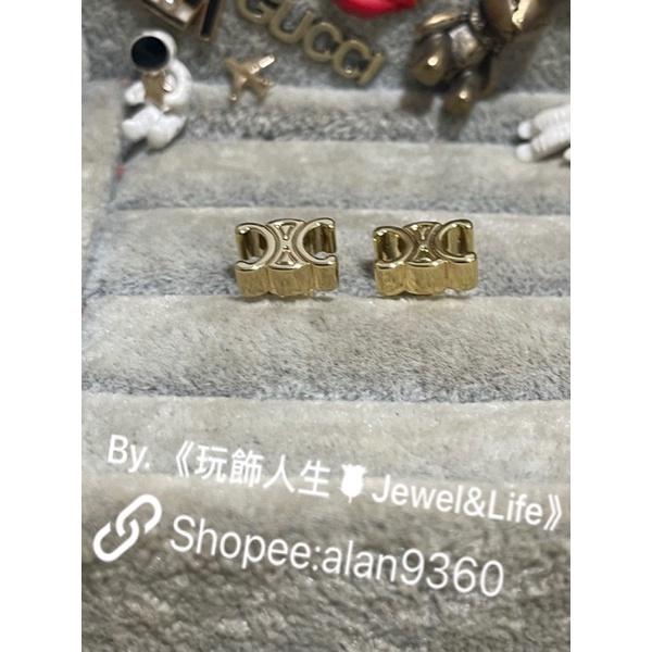 CELINE 超美 經典 小LOGO 素面 百搭 金色  二手 造型 耳環-細節圖5