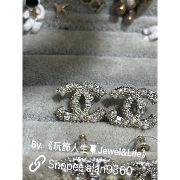 CHANEL 香奈兒 經典 華麗 水鑽 珍珠 LOGO 淡金色  二手 造型 耳環-細節圖5