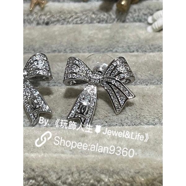 CHANEL 香奈兒 超美 銀色 水鑽 立體 緞帶 二手 蝴蝶結  造型 耳環-細節圖4