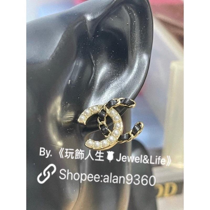 CHANEL 香奈兒 超美 金色 黑色皮革 珍珠 基本款 二手 造型 耳環-細節圖5