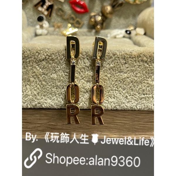 DIOR 簡約 素面 水鑽 亮金色 字母 流蘇  二手 造型 耳環-細節圖3
