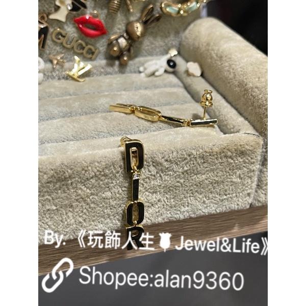 DIOR 簡約 素面 水鑽 亮金色 字母 流蘇  二手 造型 耳環-細節圖7