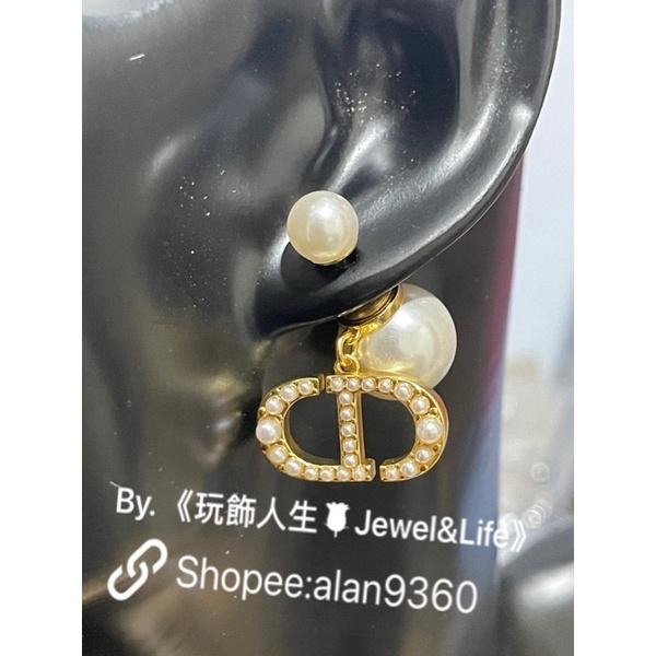 DIOR 經典 雙珍珠 淡金色 大小珍珠CD 二手 LOGO  造型 耳環-細節圖8