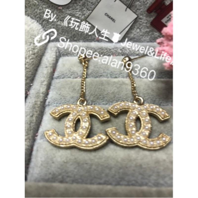 CHANEL 香奈兒 超美 金色 垂墜式 雙面 珍珠 二手 造型 耳環-細節圖2