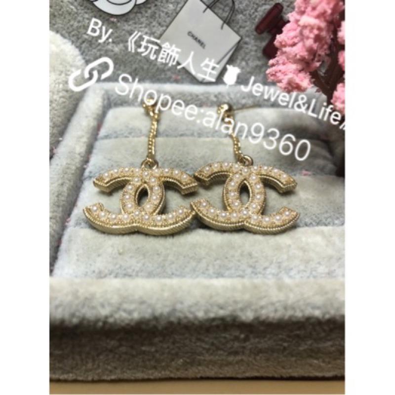 CHANEL 香奈兒 超美 金色 垂墜式 雙面 珍珠 二手 造型 耳環-細節圖3