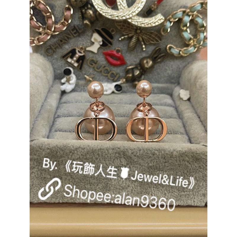 DIOR 超美 玫瑰金色 金屬 CD LOGO 雙珍珠 二手 基本款 素面 造型 耳環-細節圖2