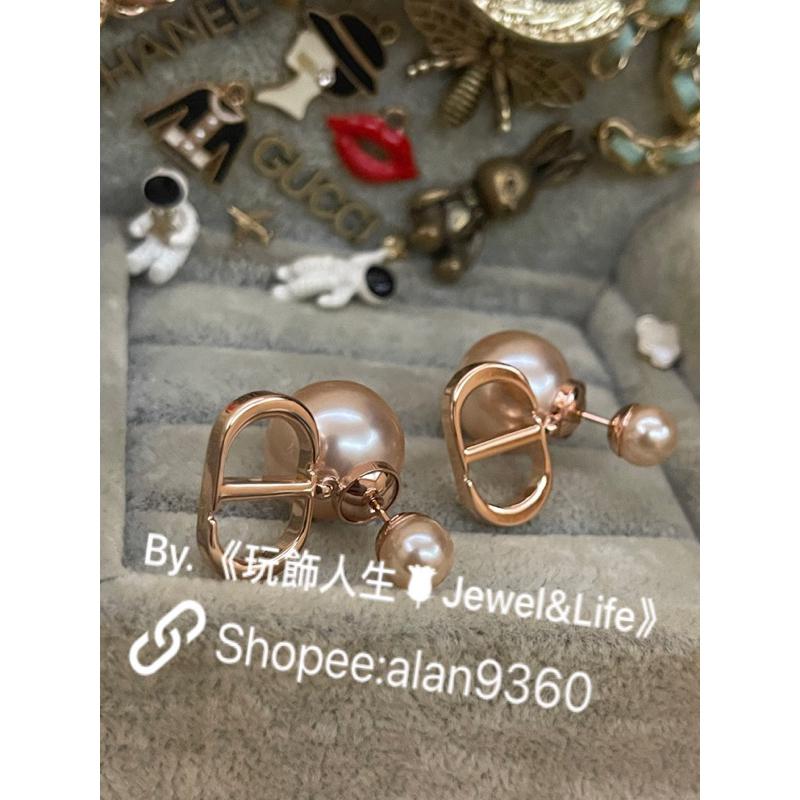 DIOR 超美 玫瑰金色 金屬 CD LOGO 雙珍珠 二手 基本款 素面 造型 耳環-細節圖3
