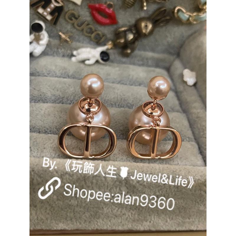 DIOR 超美 玫瑰金色 金屬 CD LOGO 雙珍珠 二手 基本款 素面 造型 耳環-細節圖4