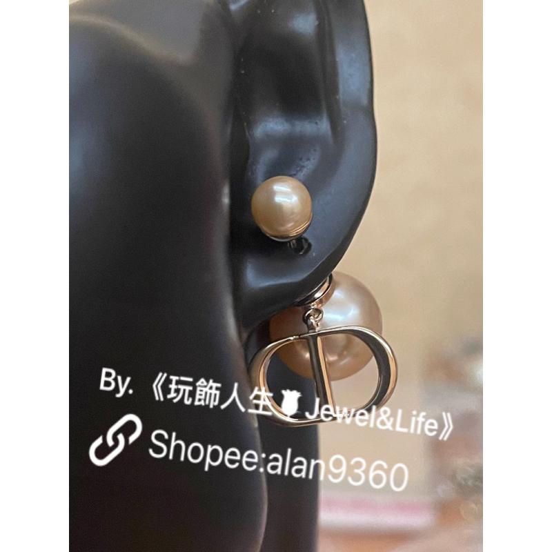 DIOR 超美 玫瑰金色 金屬 CD LOGO 雙珍珠 二手 基本款 素面 造型 耳環-細節圖5