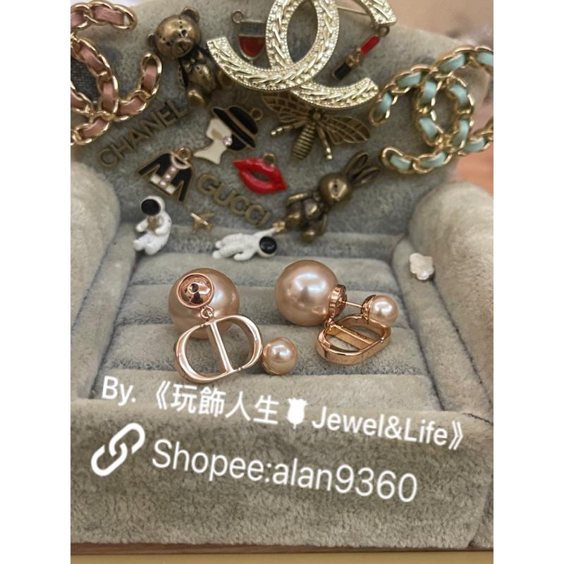 DIOR 超美 玫瑰金色 金屬 CD LOGO 雙珍珠 二手 基本款 素面 造型 耳環-細節圖6