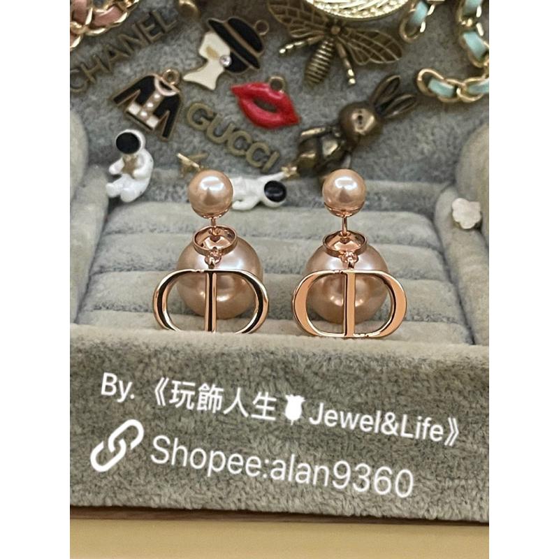 DIOR 超美 玫瑰金色 金屬 CD LOGO 雙珍珠 二手 基本款 素面 造型 耳環-細節圖7
