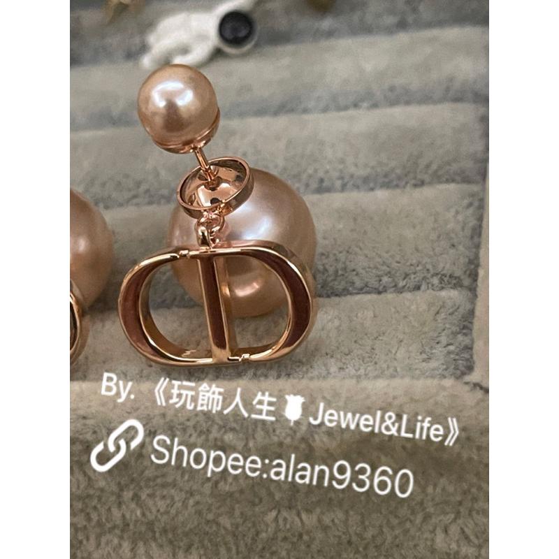 DIOR 超美 玫瑰金色 金屬 CD LOGO 雙珍珠 二手 基本款 素面 造型 耳環-細節圖8