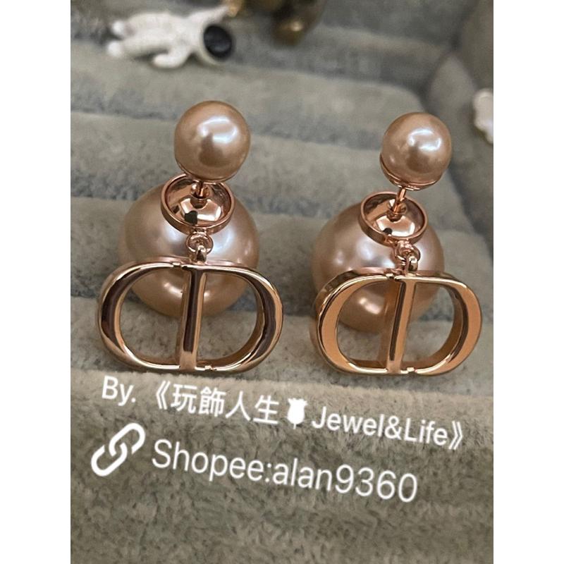 DIOR 超美 玫瑰金色 金屬 CD LOGO 雙珍珠 二手 基本款 素面 造型 耳環-細節圖9