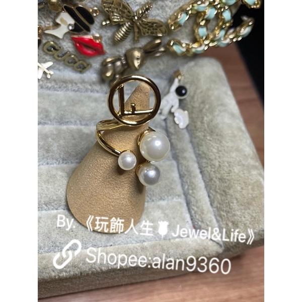 FENDI 超美 氣質 經典 LOGO F 二手 造型 金色 珍珠 戒指-細節圖4