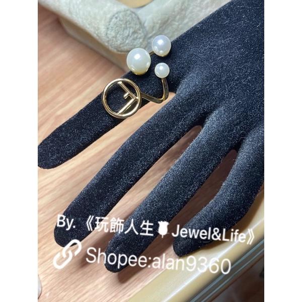 FENDI 超美 氣質 經典 LOGO F 二手 造型 金色 珍珠 戒指-細節圖7