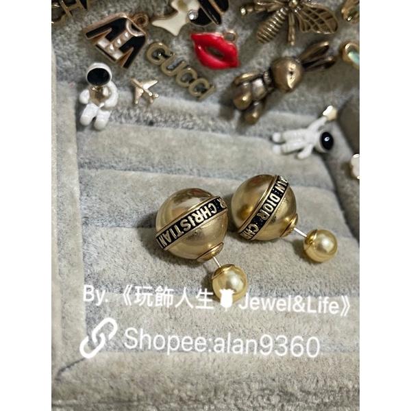 DIOR 超美 復古金 雙珍珠 黑色珐瑯 字母 二手 造型 耳環-細節圖2