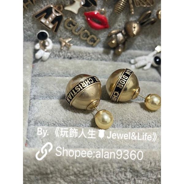DIOR 超美 復古金 雙珍珠 黑色珐瑯 字母 二手 造型 耳環-細節圖3