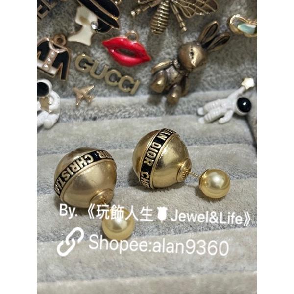 DIOR 超美 復古金 雙珍珠 黑色珐瑯 字母 二手 造型 耳環-細節圖4