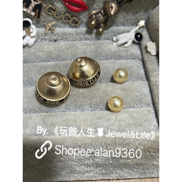DIOR 超美 復古金 雙珍珠 黑色珐瑯 字母 二手 造型 耳環-細節圖5