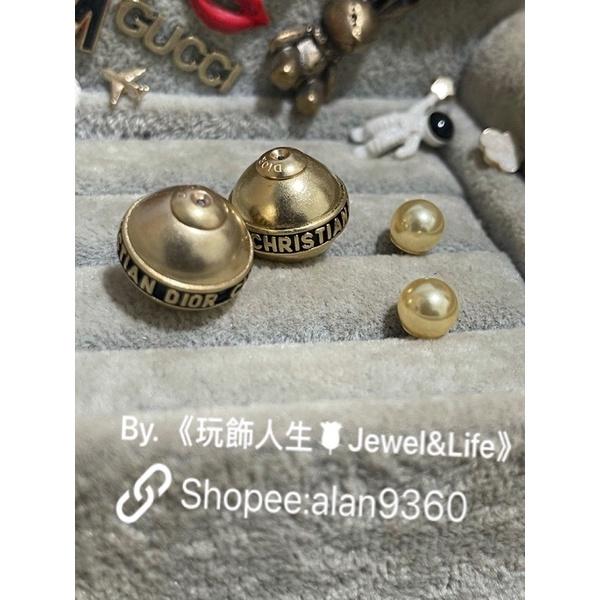 DIOR 超美 復古金 雙珍珠 黑色珐瑯 字母 二手 造型 耳環-細節圖6
