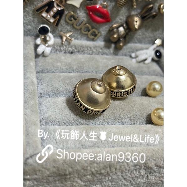 DIOR 超美 復古金 雙珍珠 黑色珐瑯 字母 二手 造型 耳環-細節圖8