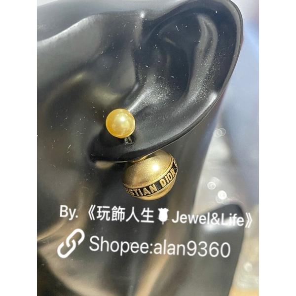 DIOR 超美 復古金 雙珍珠 黑色珐瑯 字母 二手 造型 耳環-細節圖9