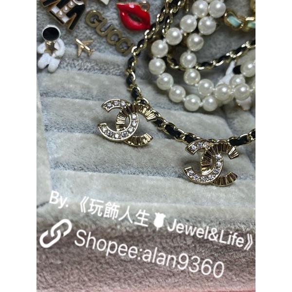 CHANEL 香奈兒 簡約 設計 半邊 水鑽 半邊 方格 日常穿搭 二手 金色  造型 耳環-細節圖6