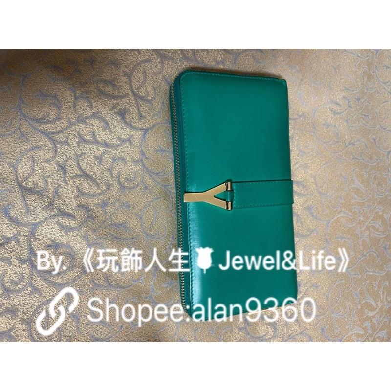 Saint Laurent Paris YSL 經典 二手 復古 Y 金色 竹子綠 ㄇ型 長夾-細節圖2