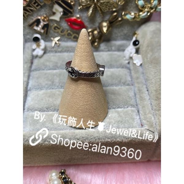 GUCCI 素雅 復古銀 編織 金屬 經典 二手 雙G logo  細版 造型 戒指-細節圖3