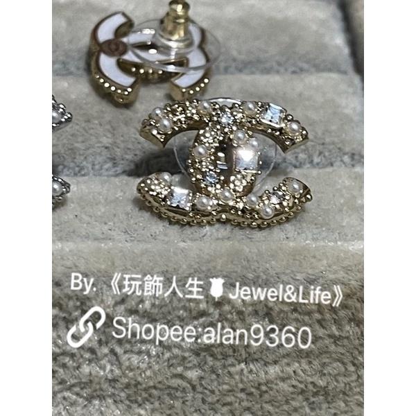 CHANEL 香奈兒 超美 大方 華麗 水鑽 方鑽 二手 珍珠 雙C 銀灰色/金色  造型 耳環-細節圖8