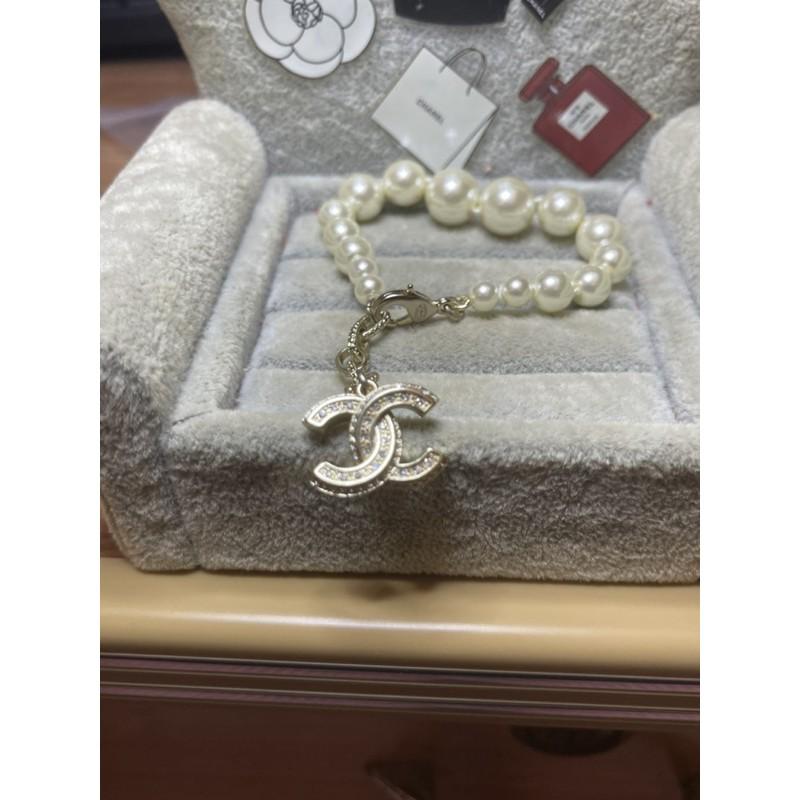 CHANEL 香奈兒 超美  氣質 大小 珍珠 淡金色 二手 水鑽 雙C 造型 手鍊-細節圖2