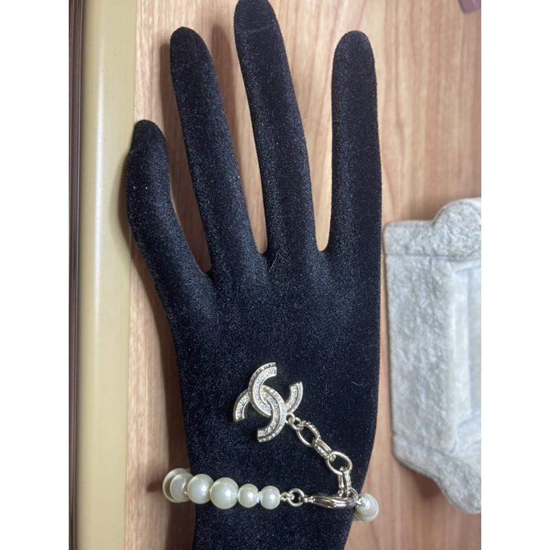 CHANEL 香奈兒 超美  氣質 大小 珍珠 淡金色 二手 水鑽 雙C 造型 手鍊-細節圖6